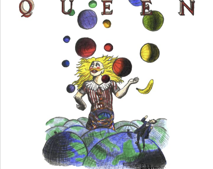 Das Albumcover "Innuendo" von Queen ist ein weißes Bild, auf dem ein Mensch gezeichnet ist. Er steht zwischen ganz vielen Erden und jongliert mehrere Bälle und eine Banane.