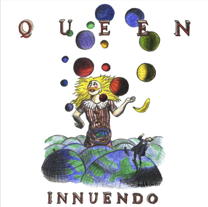 Das Albumcover "Innuendo" von Queen ist ein weißes Bild, auf dem ein Mensch gezeichnet ist. Er steht zwischen ganz vielen Erden und jongliert mehrere Bälle und eine Banane.