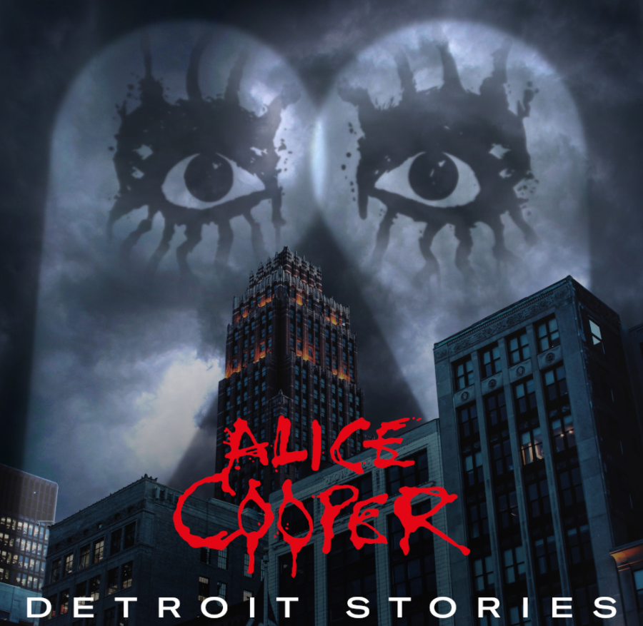 Auf dem Albumcover "Detroit Stories" von Alice Cooper sind die Silhouetten mehrerer Hochhäuser zu sehen. Zwei Scheinwerfer strahlen in den grauen Himmel. In den Lichtkegeln sind zwei Augen zu sehen.