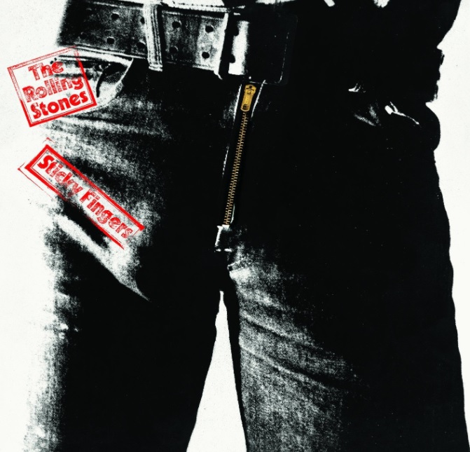 Auf dem Albumcover "Sticky Fingers" von den Rolling Stones ist der Schritt eines Mannes in knallenger Jeans mit deutlichem Abdruck seines Gemächts zu sehen.