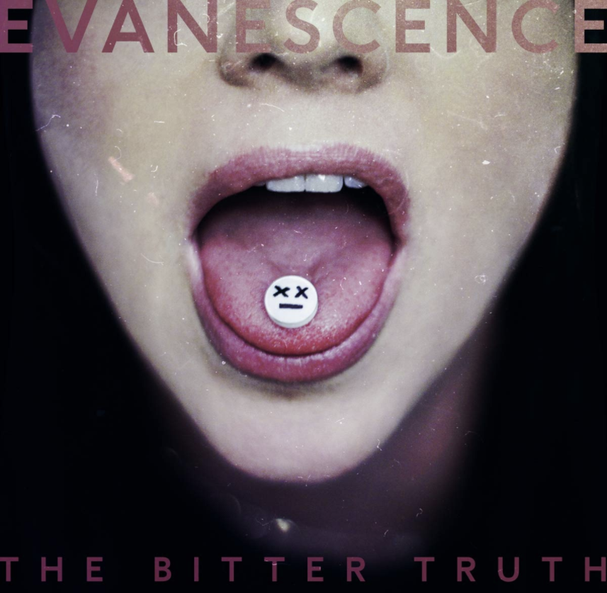 Auf dem Albumcover "The Bitter Truth" von Evanescence sieht man einen aufgerissenen Mund. Auf der Zunge liegt eine Pille mit einem Gesicht drauf.