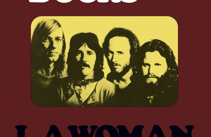 Auf dem braunen Albumcover "L.A. Woman" von The Doors ist in der Mitte ein gelbes Porträt der Band zu sehen.