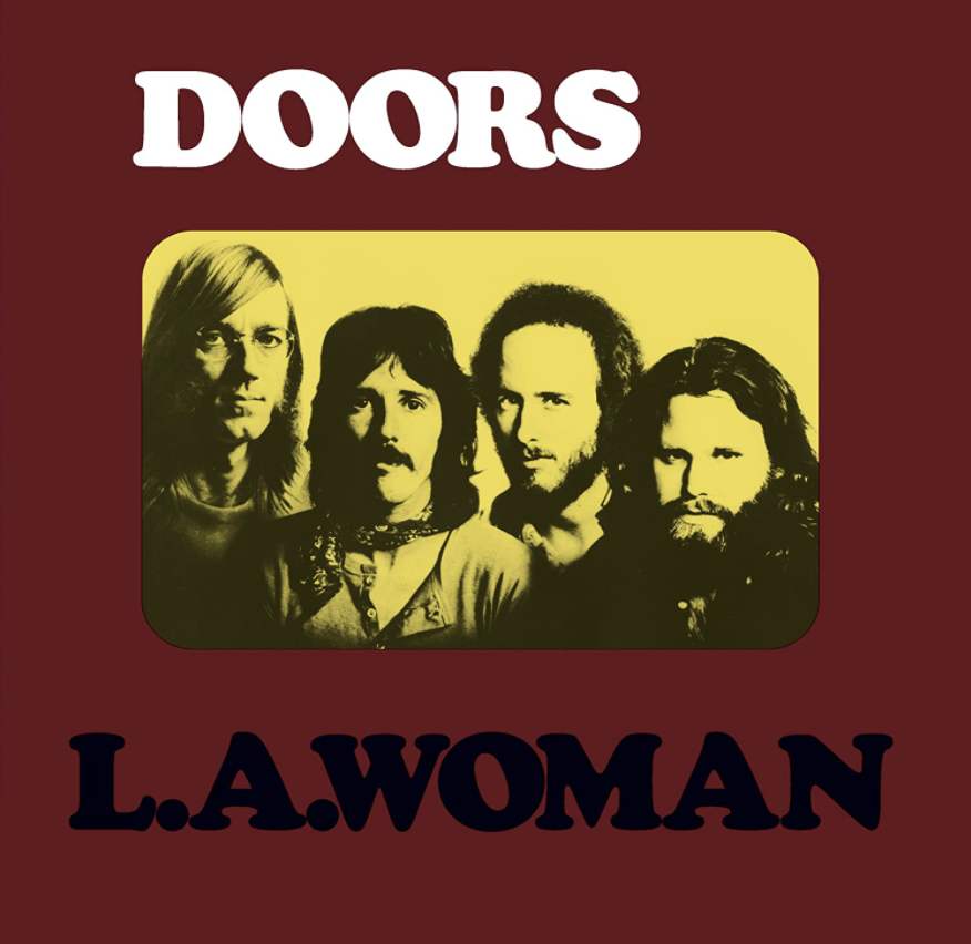 Auf dem braunen Albumcover "L.A. Woman" von The Doors ist in der Mitte ein gelbes Porträt der Band zu sehen.