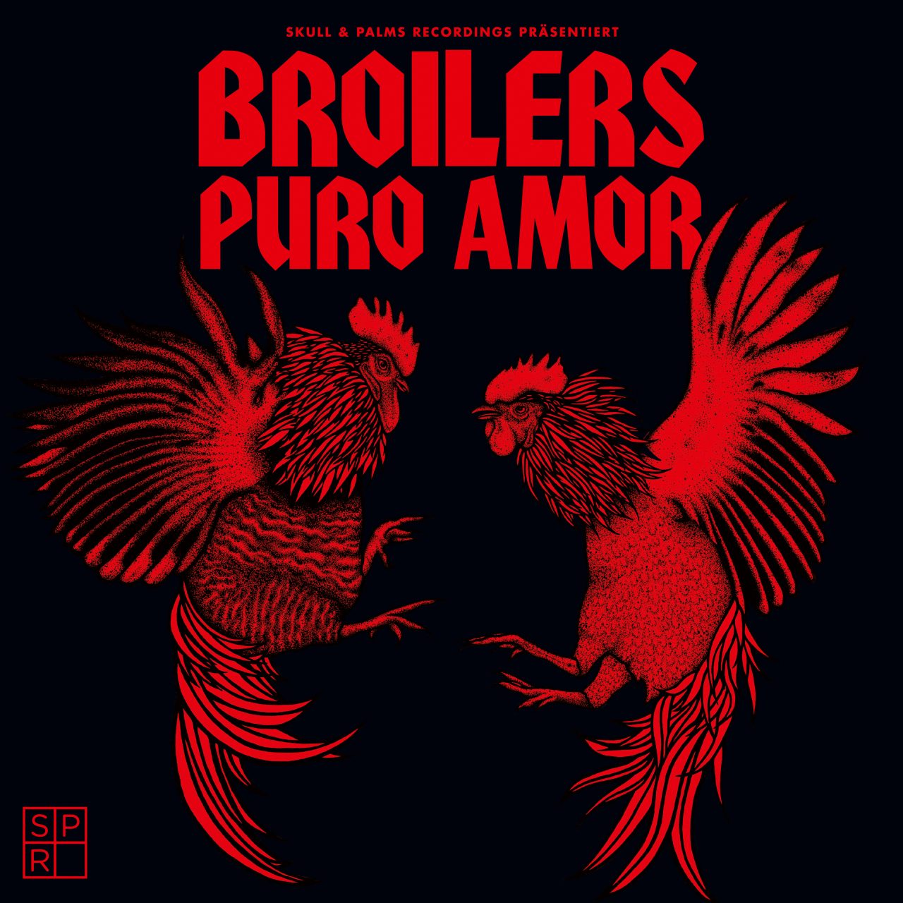 Das Albumcover "Puro Amor" von den Broilers ist schwarz. Die Schrift ist rot und darunter sind zwei Hähne im Kampf zu sehen, ebenfalls in rot.
