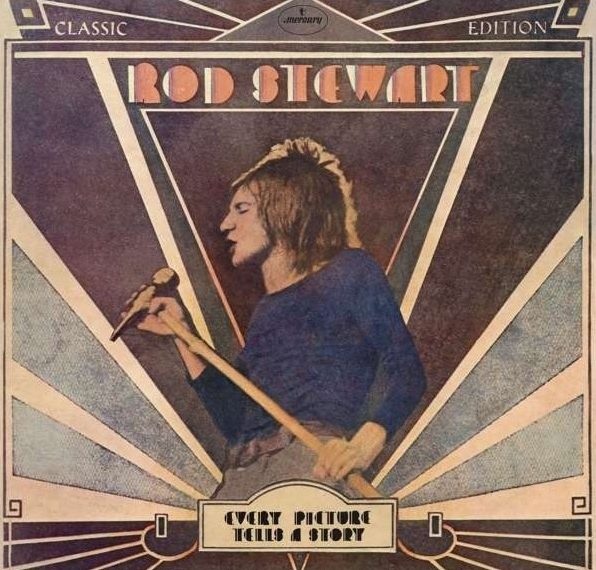 Das Albumcover "Every Picture Tells A Story" von Rod Stewart zeigt den Sänger, wie er in ein Mikrofon singt. Der Hintergrund ist in verschiedenen Braun- und Grautönen gehalten.