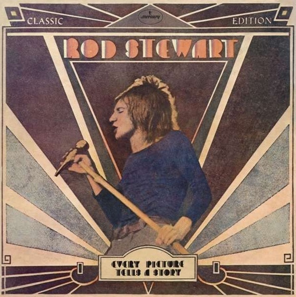 Das Albumcover "Every Picture Tells A Story" von Rod Stewart zeigt den Sänger, wie er in ein Mikrofon singt. Der Hintergrund ist in verschiedenen Braun- und Grautönen gehalten.