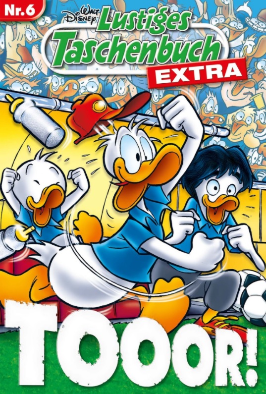 Auf dem Cover des Comics "Lustiges Taschenbuch Extra 06 - Tooor!" sieht man Donald Duck mit Anhang auf einem Rasen in einem Stadion. Im Hintergrund ist das Publikum zu sehen.