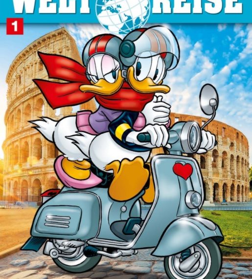 Auf dem Comic-Cover sieht man Donald und Daisy Duck, wie sie auf einem Roller am Kolosseum vorbeifahren.