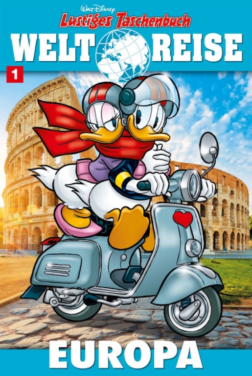 Auf dem Comic-Cover sieht man Donald und Daisy Duck, wie sie auf einem Roller am Kolosseum vorbeifahren.