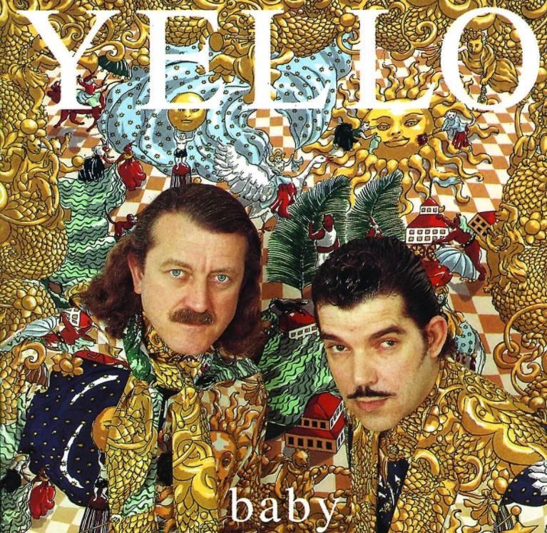 Das Albumcover "Baby" von Yello ist sehr bunt gemalt. Man sieht verschiedene Motive wie eine Sonne, Häuser oder Menschen. In der Mitte sieht man die zwei Köpfe des Duos.