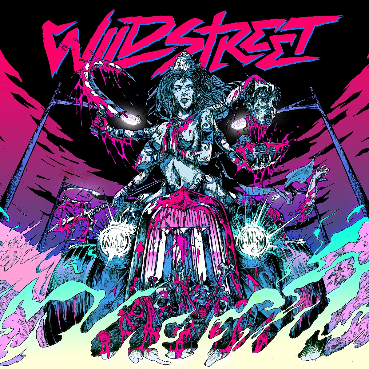 Das Albumcover "III" von Wildstreet ist illustriert und zeigt ein Gefährt, auf dem eine Frau sitzt. Sie hat mehrere Arme. Mit zwei ihrer vielen Hände hält ein Beil und einen Kopf in der Hand. Das Cover ist hauptsächlich in pink, blau und schwarz gehalten.