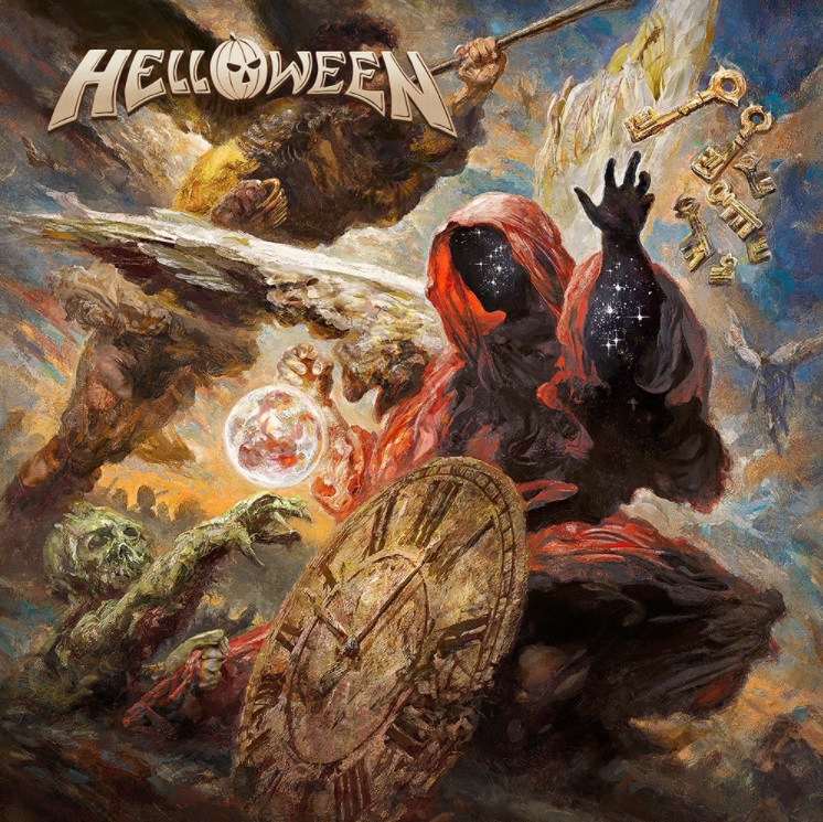 Das Albumcover "Helloween" von Helloween ist ein Gemälde, auf dem man eine Uhr, Schlüssel und verschiedene Kreaturen sieht.