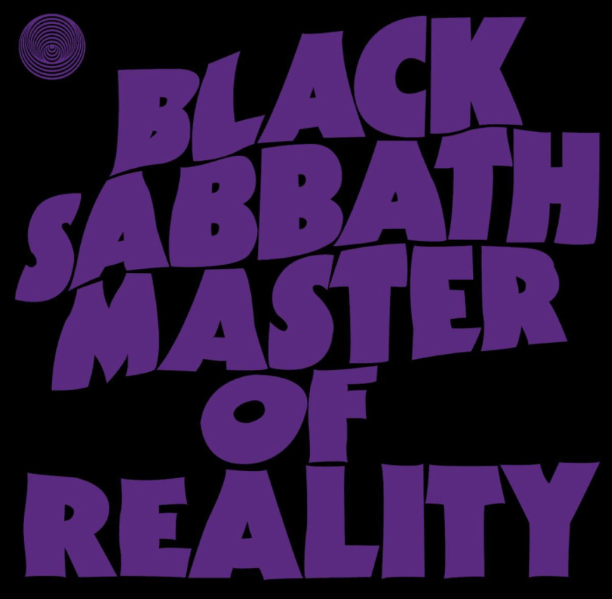 Das Albumcover "Master Of Reality" von Black Sabbath ist schwarz. In violetter Schrift steht dort der Albumname "Master Of Reality" und die Interpreten "Black Sabbath".