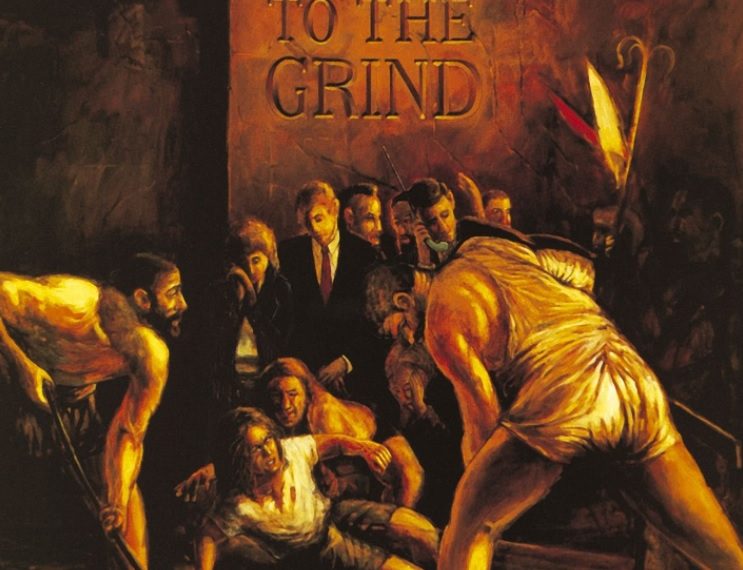 Das Albumcover "Slave To The Grind" von Skid Row ist ein Gemälde von einer Gruppe Männer, die sich um eine am Boden liegende Person beugen.