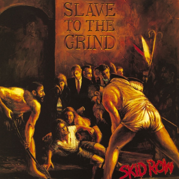 Das Albumcover "Slave To The Grind" von Skid Row ist ein Gemälde von einer Gruppe Männer, die sich um eine am Boden liegende Person beugen.