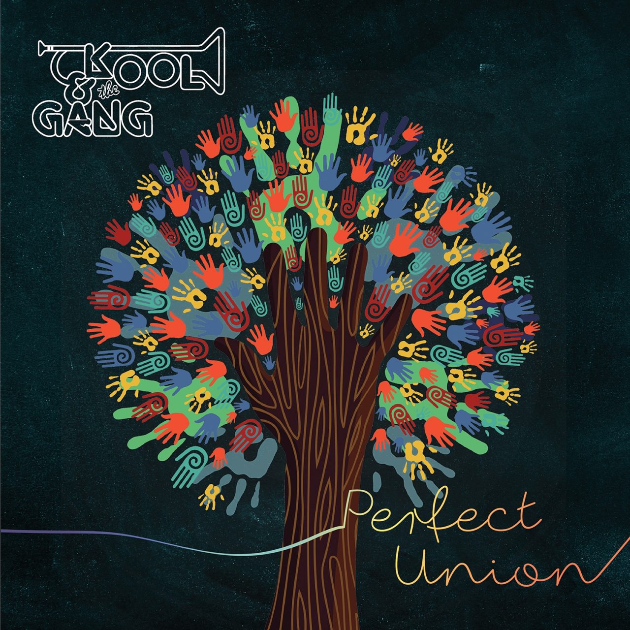 Der Hintergrund des Albumcovers "Perfect Union" von Kool And The Gang ist dunkel gestaltet. Im Vordergrund ist ein Baum aus Handabdrücken zu sehen. Sie sind in den verschiedensten Farben gehalten.