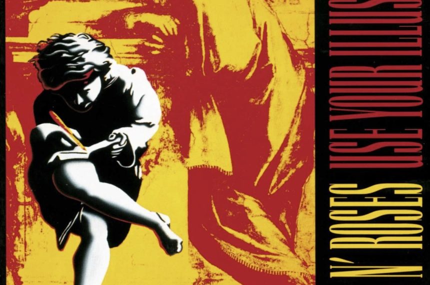 Das Albumcover "Use Your Illusions I" von Guns N' Roses zeigt ein rot-gelbes Gemälde eines Mannes. Im Vordergrund ist eine schwarz-weiße Figur zu sehen, die in ein Buch schreibt.