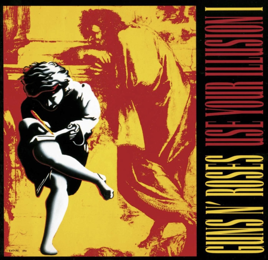 Das Albumcover "Use Your Illusions I" von Guns N' Roses zeigt ein rot-gelbes Gemälde eines Mannes. Im Vordergrund ist eine schwarz-weiße Figur zu sehen, die in ein Buch schreibt.