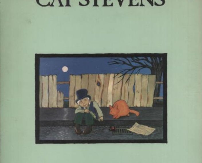 Das Albumcover "Teaser And The Firecat" von Cat Stevens ist hellgrün. In der Mitte ist ein Bild von einem Jungen, der bei Nacht auf einem Gehsteig sitzt. Neben ihm liegt eine orangene Katze.