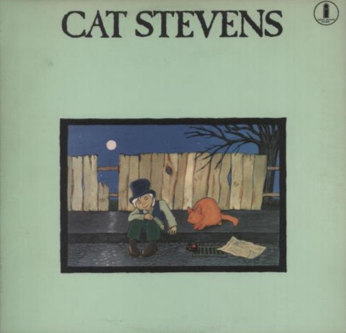 Das Albumcover "Teaser And The Firecat" von Cat Stevens ist hellgrün. In der Mitte ist ein Bild von einem Jungen, der bei Nacht auf einem Gehsteig sitzt. Neben ihm liegt eine orangene Katze.