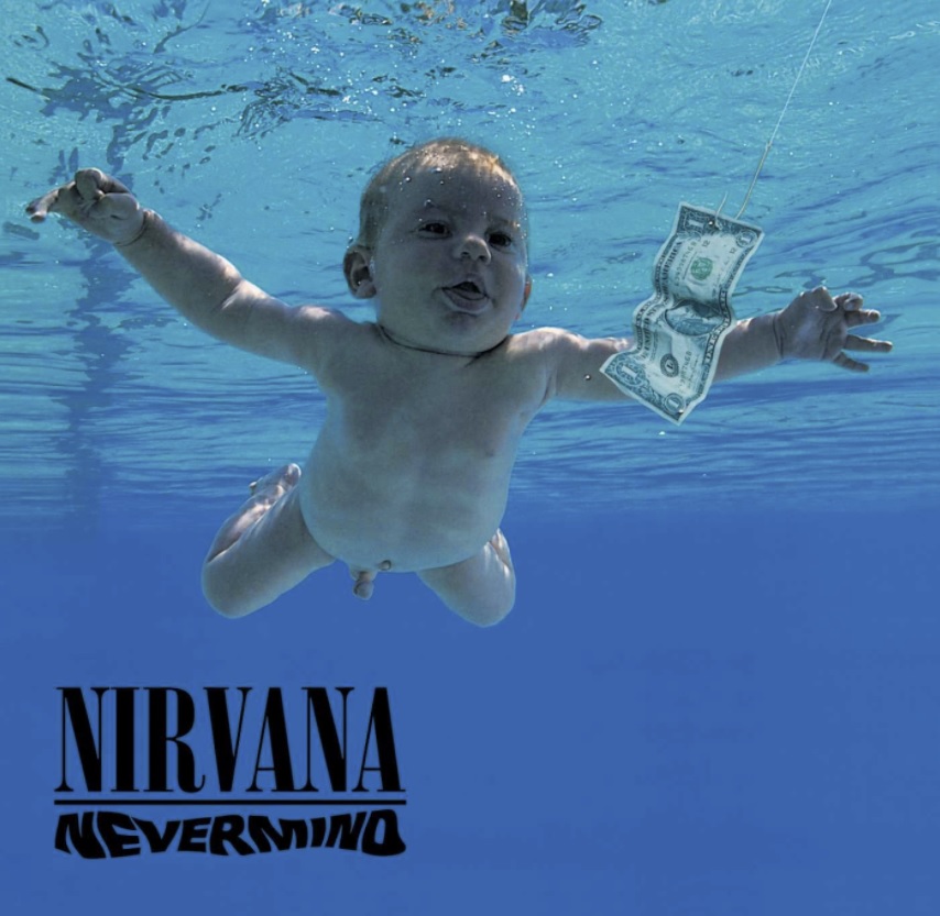 Das Albumcover "Nevermind" von Nirvana zeigt eine Unterwasseraufnahme eines tauchenden, nackten Babys. Vor dem Baby schwimmt eine Angel mit einem Dollarschein.