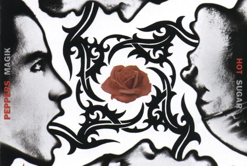 Das Albumcover "Blood Sugar Sex Magik" von den Red Hot Chili Peppers zeigt in der Mitte und in den Ecken Rosen. An den vier Seiten befinden sich die Gesichter der Band im Profil. Um die Rose in der Mitte ranken sich Ornamente in schwarz.