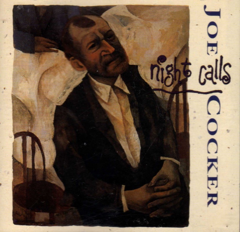 Das Albumcover "Night Calls" von Joe Cocker zeigt ein Gemälde des Musikers, wie er auf einem Stuhl sitzt und in die Ferne schaut.
