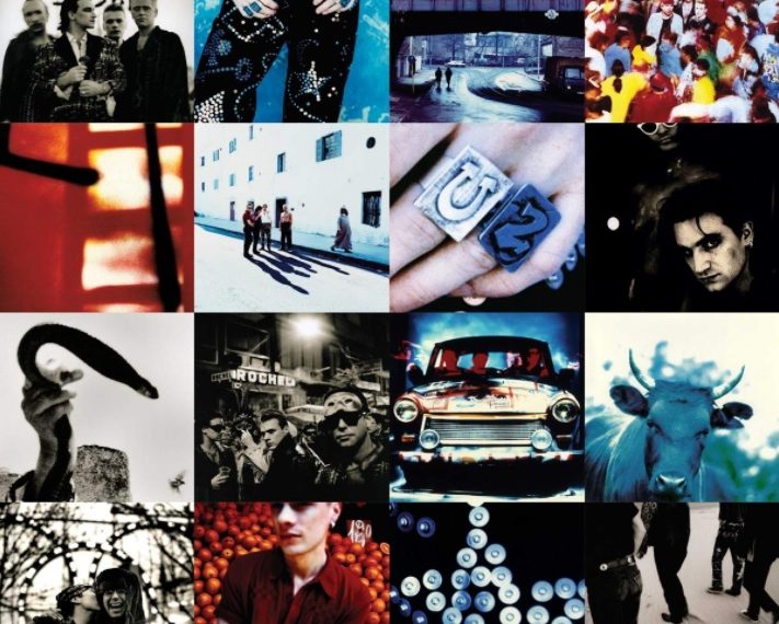 Das Albumcover "Achtung Baby" von U2 ist eine Collage aus 16 Bildern. Die Fotos zeigen verschiedenste Motive wie ein Auto, ein U2-Ring, ein Bandfoto oder ein Rind.