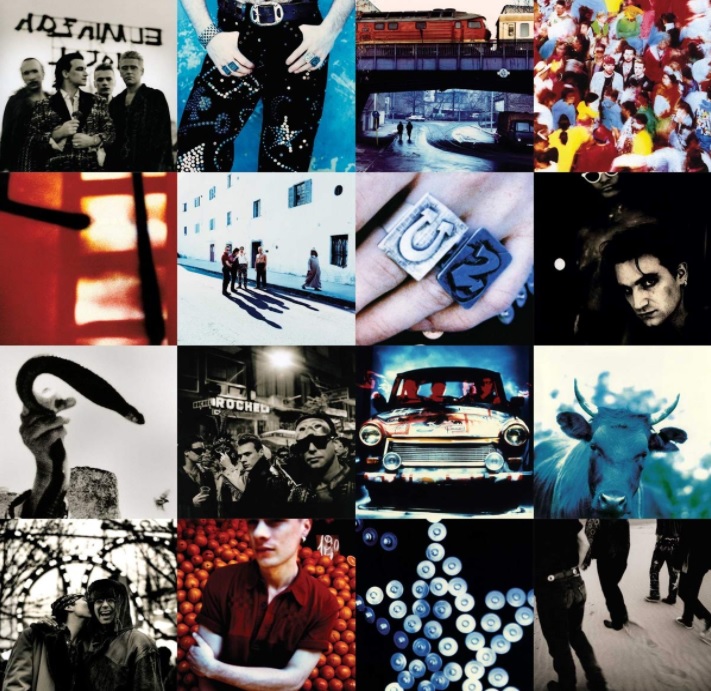 Das Albumcover "Achtung Baby" von U2 ist eine Collage aus 16 Bildern. Die Fotos zeigen verschiedenste Motive wie ein Auto, ein U2-Ring, ein Bandfoto oder ein Rind.