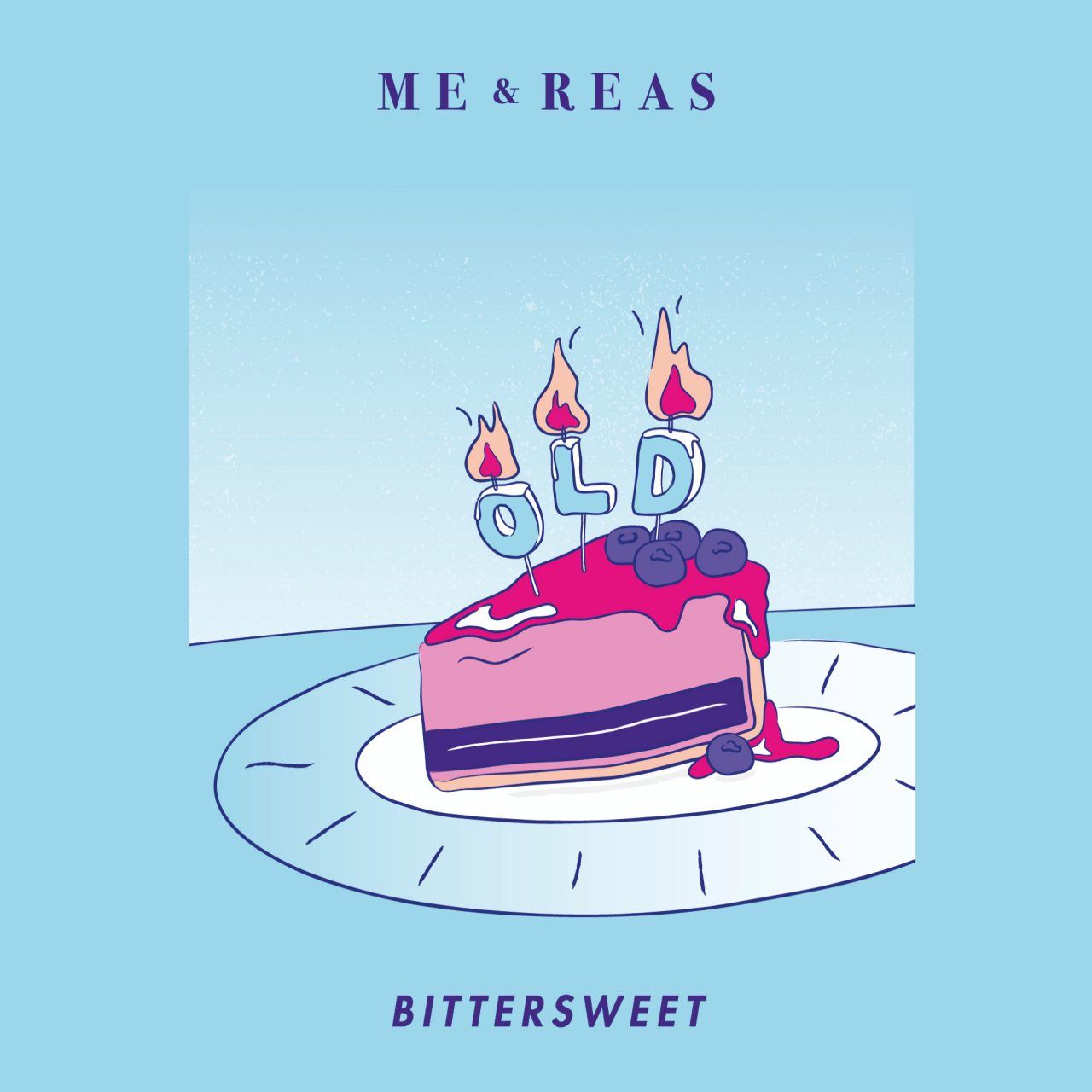 Das Albumcover "Bittersweet" von Me&Reas" ist blau. In der Mitte ist ein Tortenstück zu sehen. Darauf stecken die drei Buchstabenkerzen "O", "L" und "D".