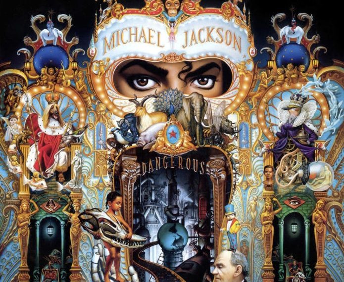 Das Albumcover "Dangerous" zeigt Michael Jacksons Augen und eine einzelne Haarlocke hinter einer goldenen Maske. Die Maske enthält viele, kleine Elemente wie Elefanten, mehrere Menschen und Statuen.