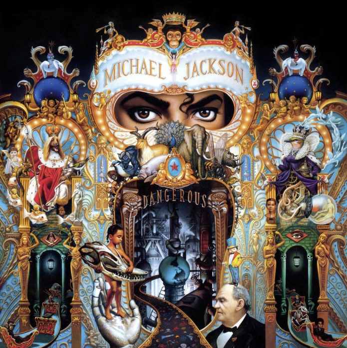 Das Albumcover "Dangerous" zeigt Michael Jacksons Augen und eine einzelne Haarlocke hinter einer goldenen Maske. Die Maske enthält viele, kleine Elemente wie Elefanten, mehrere Menschen und Statuen.