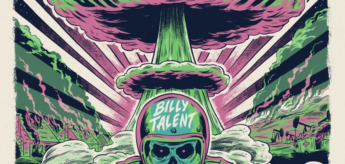 Das Albumcover "Crisis Of Faith" von Billy Talent ist gezeichnet. Es ist in den Farben grün, rosa, schwarz und weiß gehalten. Im Vordergrund ist ein Motorradfahrer mit einem Skelettkopf zu sehen. Dahinter ist eine große Explosionsrauchsäule zu sehen.