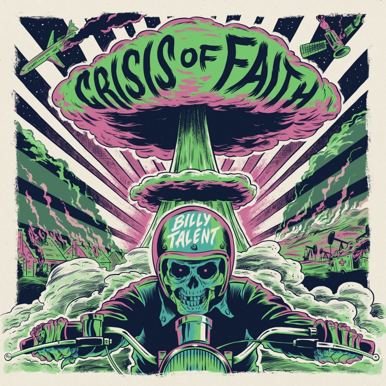 Das Albumcover "Crisis Of Faith" von Billy Talent ist gezeichnet. Es ist in den Farben grün, rosa, schwarz und weiß gehalten. Im Vordergrund ist ein Motorradfahrer mit einem Skelettkopf zu sehen. Dahinter ist eine große Explosionsrauchsäule zu sehen.
