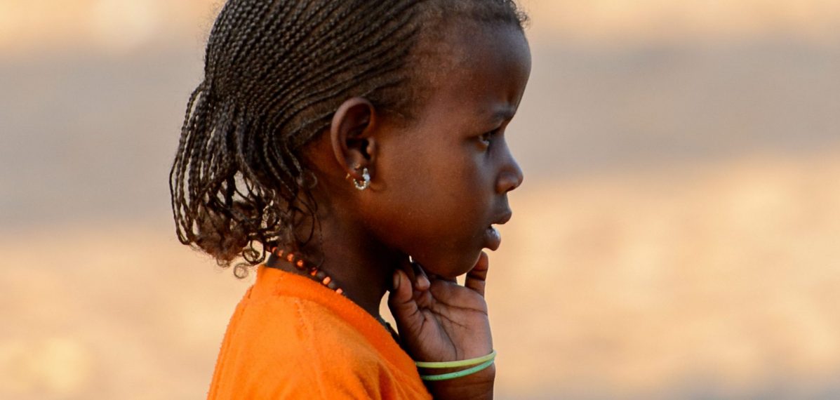 Das Foto zeigt ein schwarzes Mädchen, das Fulani Zöpfe (geflochtene Zöpfe) trägt.