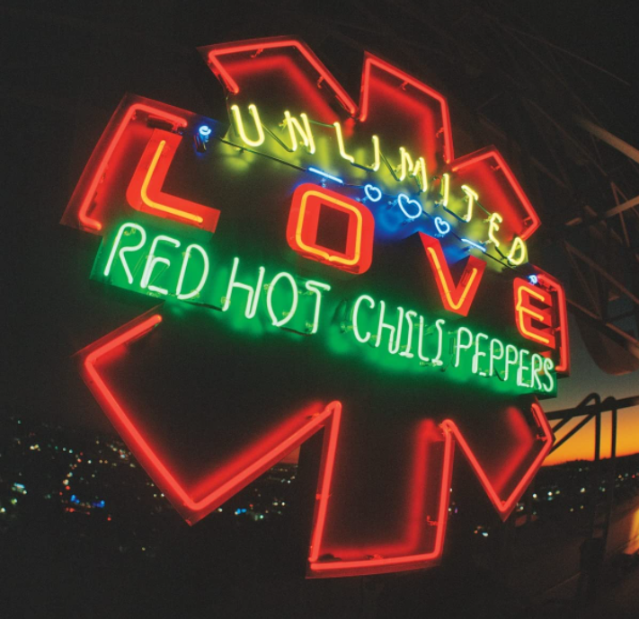 Das Albumcover "Unlimited Love" von Red Hot Chili Peppers zeigt ein bunt leuchtendes Schild mit den Schriftzügen "Unlimited Love" und "Red Hot Chili Peppers". Die Umrandung hat die Form des Bandlogos.