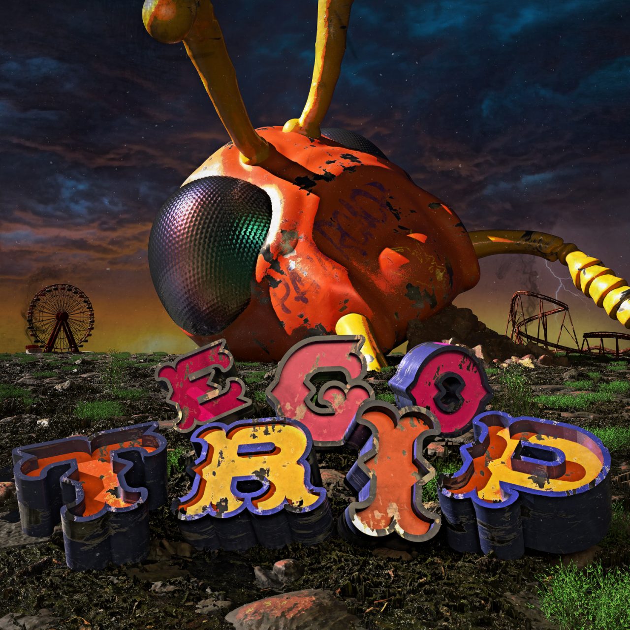 Das Albumcover "Ego Trip" von Papa Roach zeigt im Vordergrund bunte, große Buchstaben (Ego Trip). Dahinter sind ein großes Ufo, ein Riesenrad und eine Achterbahn zu sehen. Der Himmel erstrahlt in vielen Farben und Sterne leuchten am Firmament.