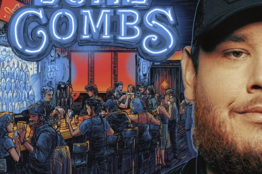 Das Albumcover "Growin' Up" von Luke Combs zeigt an der rechten Seite das Porträt des Sängers. Dahinter ist eine Bar zu sehen, die gemalt ist.