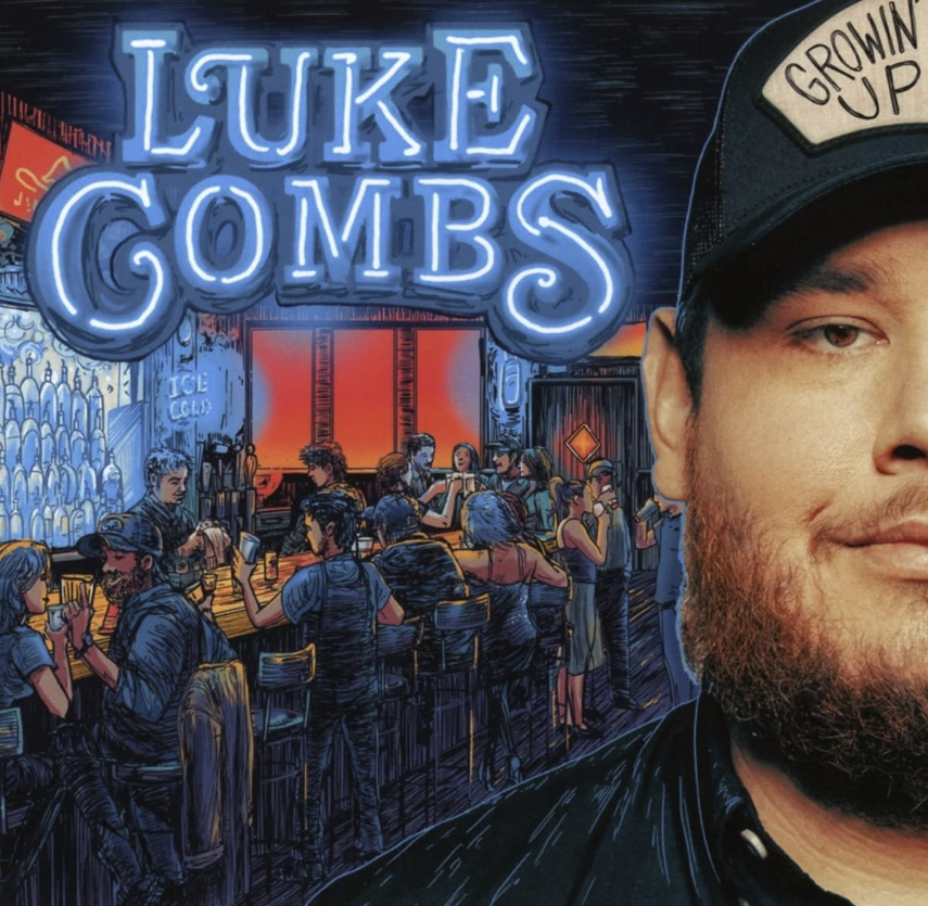 Das Albumcover "Growin' Up" von Luke Combs zeigt an der rechten Seite das Porträt des Sängers. Dahinter ist eine Bar zu sehen, die gemalt ist.