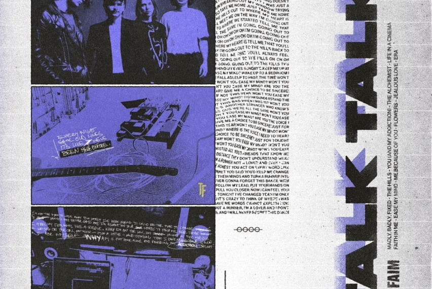 Das Albumcover "Talk Talk" von The Faim zeigt drei lila Bilder. Einmal von der Band und zwei von technischen Geräten, die es zur Produktion braucht.
