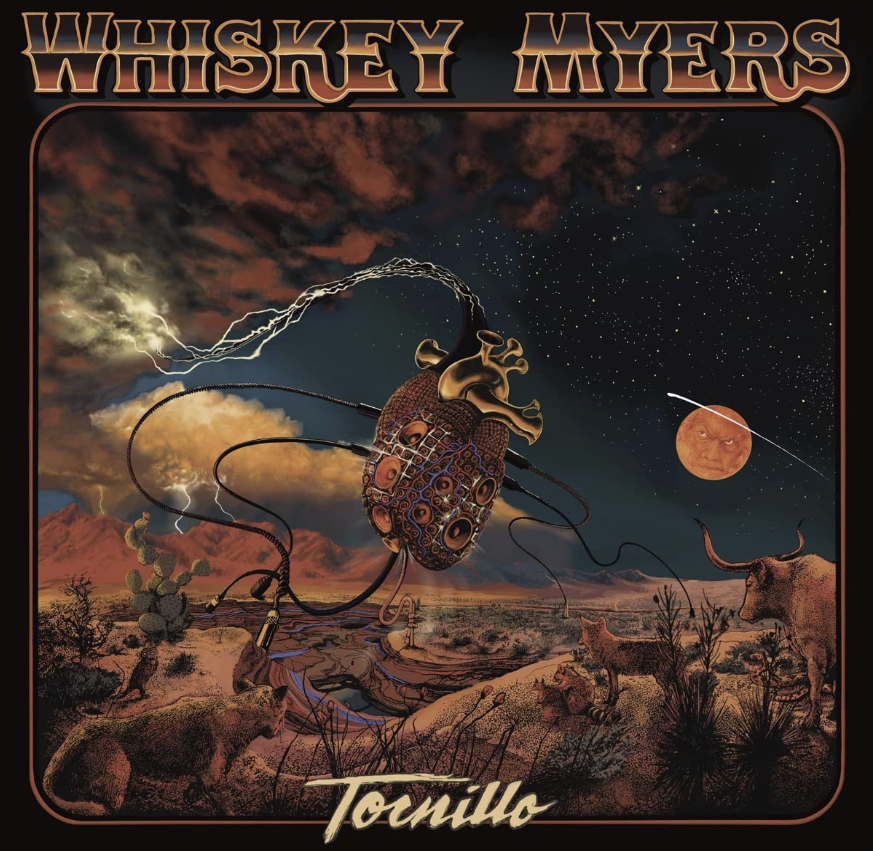Das Albumcover "Tornillo" von Whiskey Myers ist ein Gemälde der Landschaft um die texanische Stadt Tornillo. Es zeigt beispielsweise einen Stier, einen Wolf und in der Luft ein Herz.