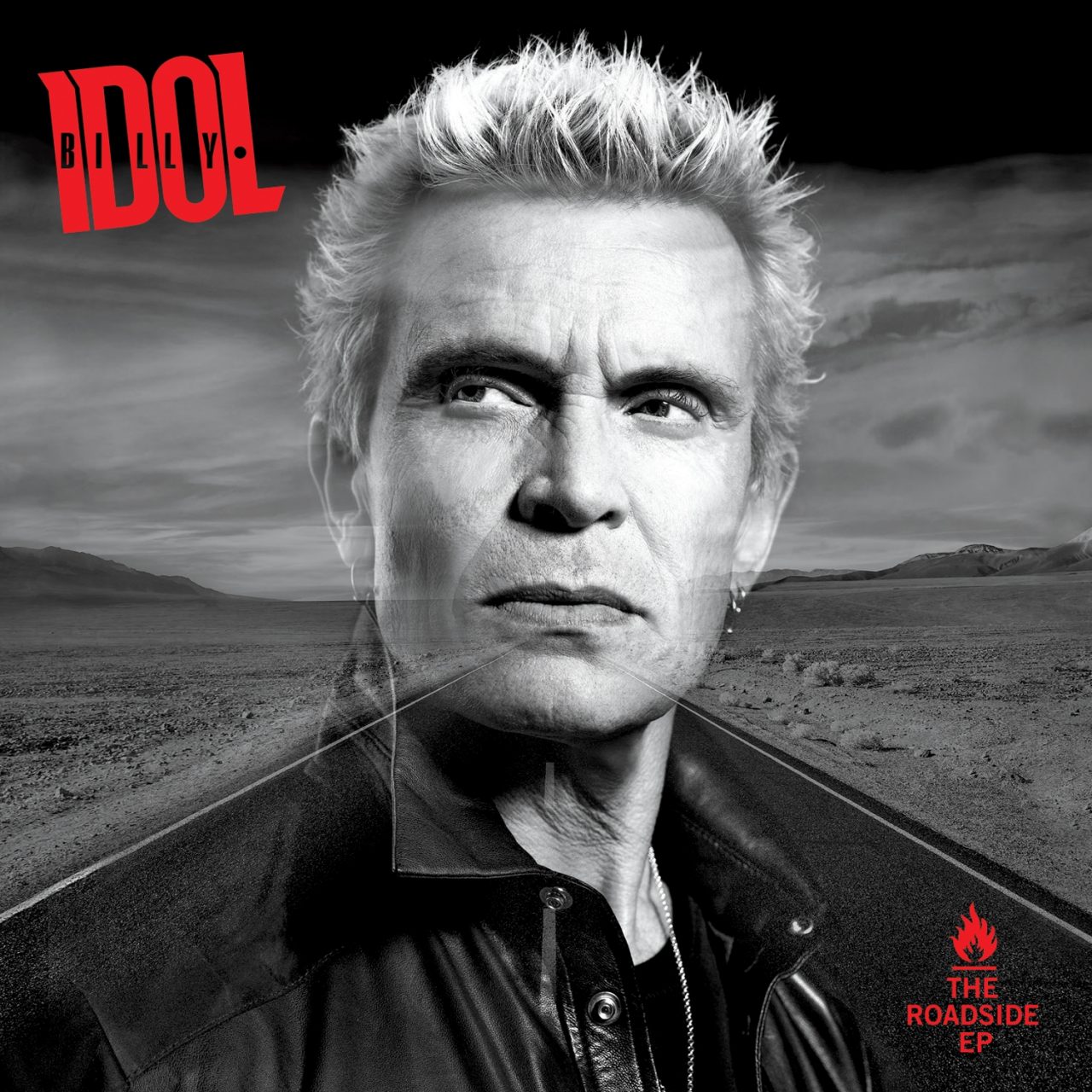 Das Albumcover "The Roadside" von Billy Idol zeigt den Musiker im Porträt in schwarz-weiß. Sein Kopf ist transparent. Hinter seinem Kopf ist eine Wüstenlandschaft ebenfalls in schwarz-weiß zu sehen.