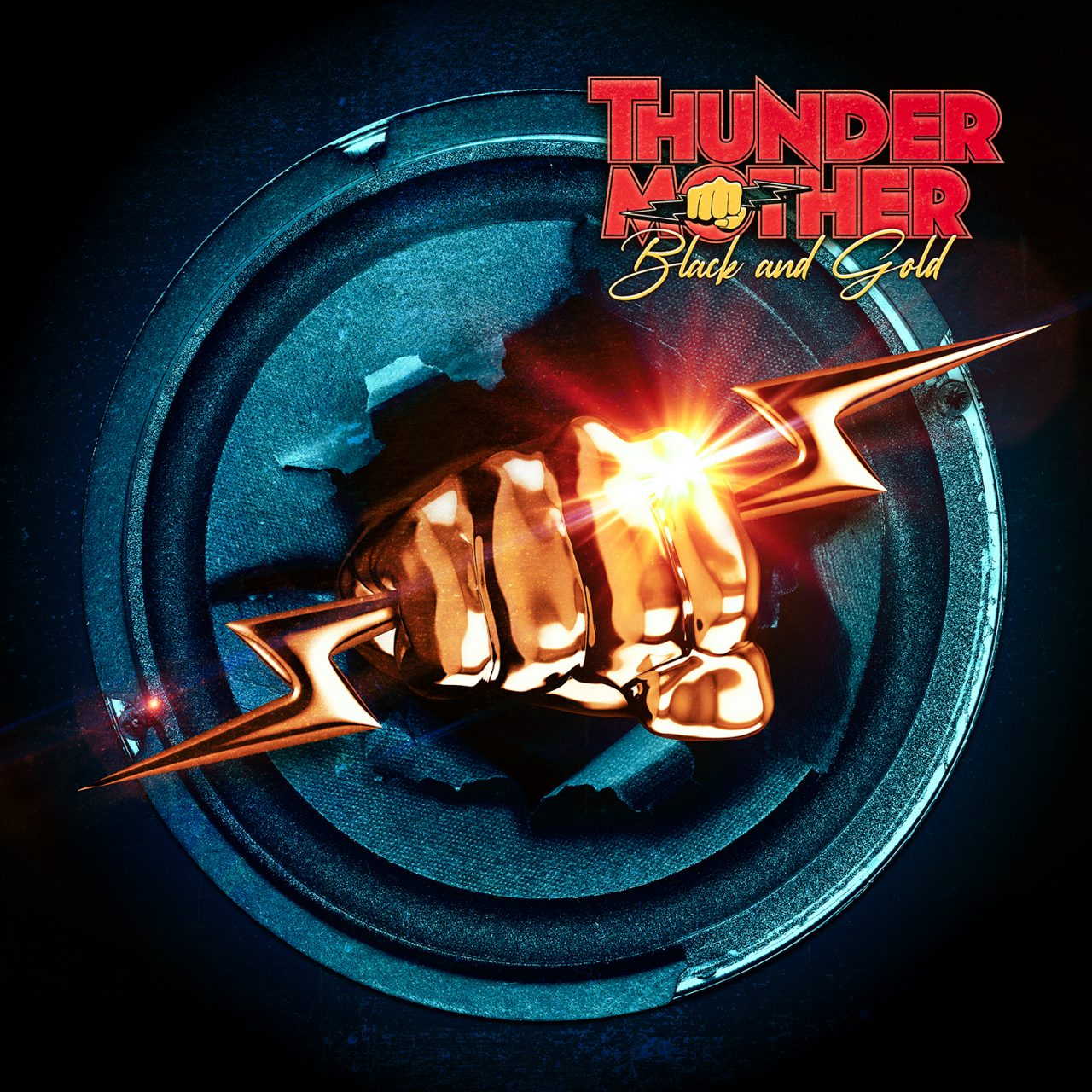 Das Albumcover "Black And Gold" von Thundermother zeigt eine goldene Faust, die einen Blitz umschließt und durch einen Lautsprecher schlägt.