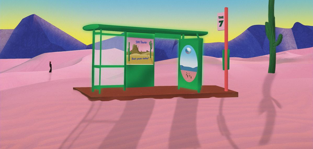 Das Albumcover "Into The Ether" von Franc Moody zeigt eine animierte Wüste mit einer Bushaltestelle, einem Kaktus und Bergen. Im Hintergrund sind auch ein Mensch und der Mond zu erkennen.