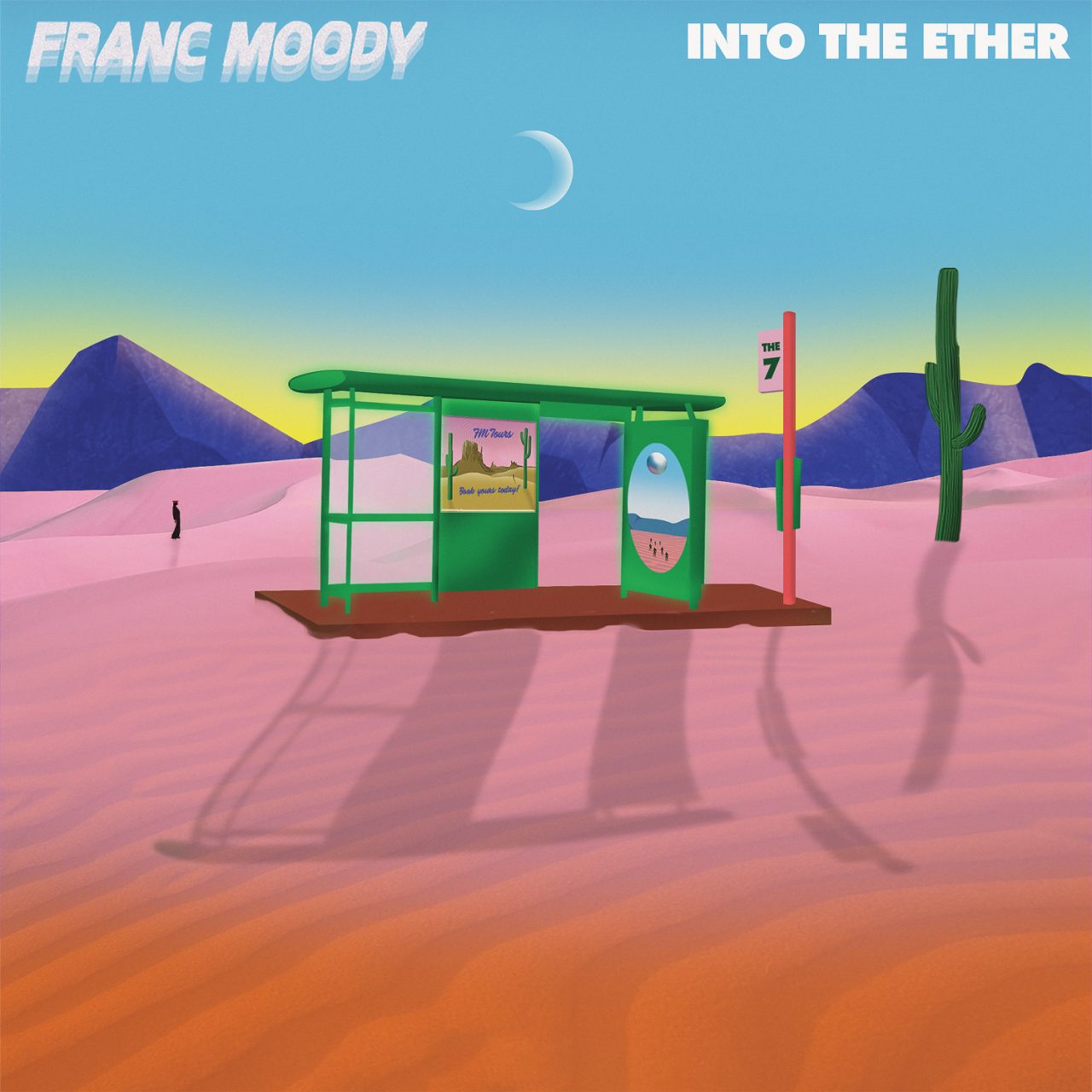 Das Albumcover "Into The Ether" von Franc Moody zeigt eine animierte Wüste mit einer Bushaltestelle, einem Kaktus und Bergen. Im Hintergrund sind auch ein Mensch und der Mond zu erkennen.