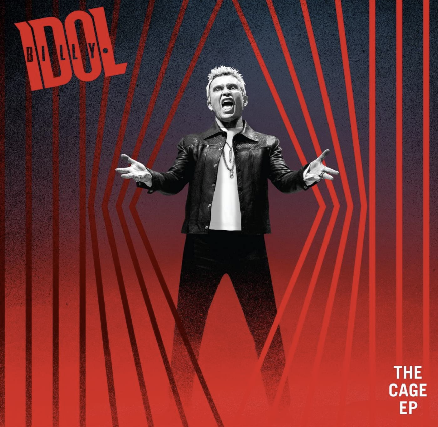 Das Albumcover "The Cage EP" von Billy Idol zeigt den Musiker in schwarz-weiß, wie er schreit und seine Arme ausbreitet. Drum herum ist es blau und rot. Darüber sind rote Streifen zu sehen.