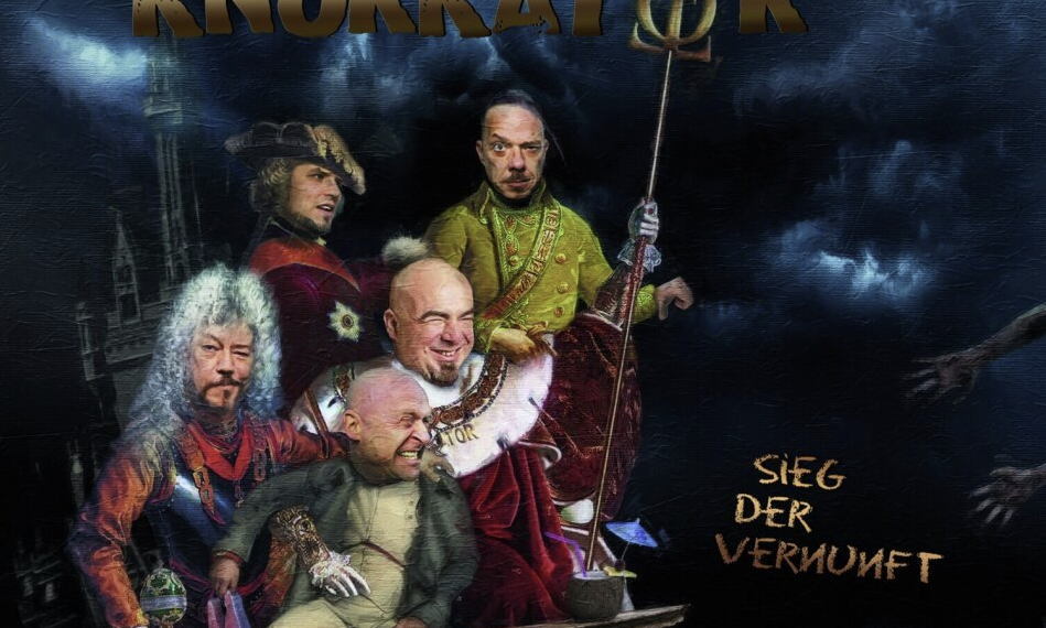 Das Albumcover "Sieg der Vernunft" von Knorkator zeigt die Band, verkleidet in Kostümen aus früheren Jahrhunderten, auf einem Kamin sitzend. Im Hintergrund ist eine Burg vor einem stürmischen Himmel zu sehen.