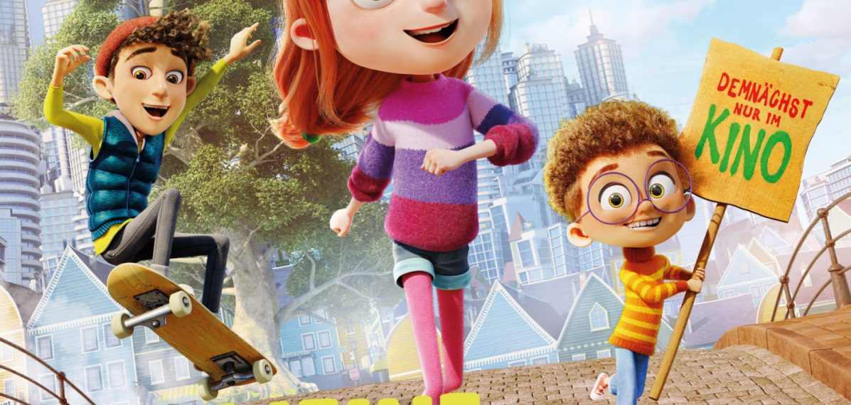 Das Filmplakat "Meine Chaosfee & ich" zeigt Maxie und die Zahnfee Violetta mit ihren Freunden vor der Skyline einer Stadt.