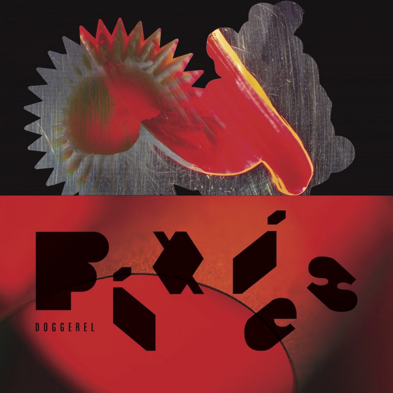 Das Albumcover "Doggerel" von den Pixies ist zweigeteilt. Unten ist ein roter Hintergrund mit Band- und Albumnamen zu sehen. Obendrüber ist ein schwarzer Hintergrund mit einem Fantasiegebilde.