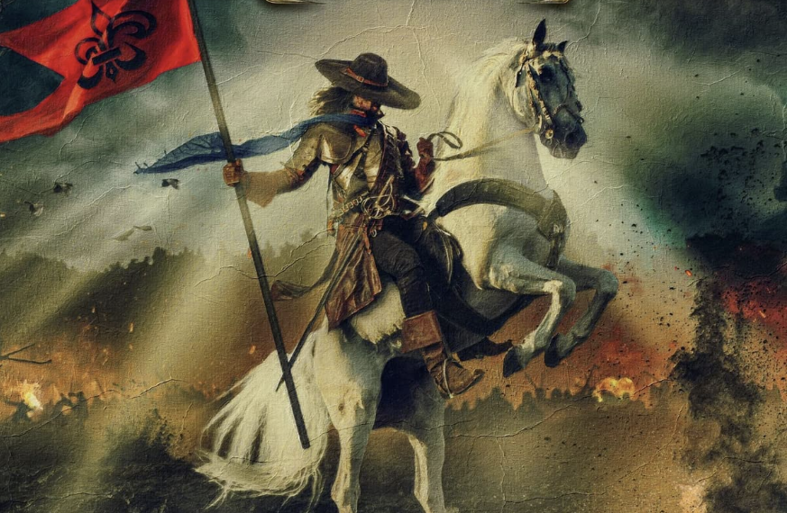 Das Albumcover "Felsenfest" von dArtagnan ist ein Gemälde, das einen Reiter auf einem Schimmel zeigt, der eine Stange mit einer roten Fahne in der Hand hält.